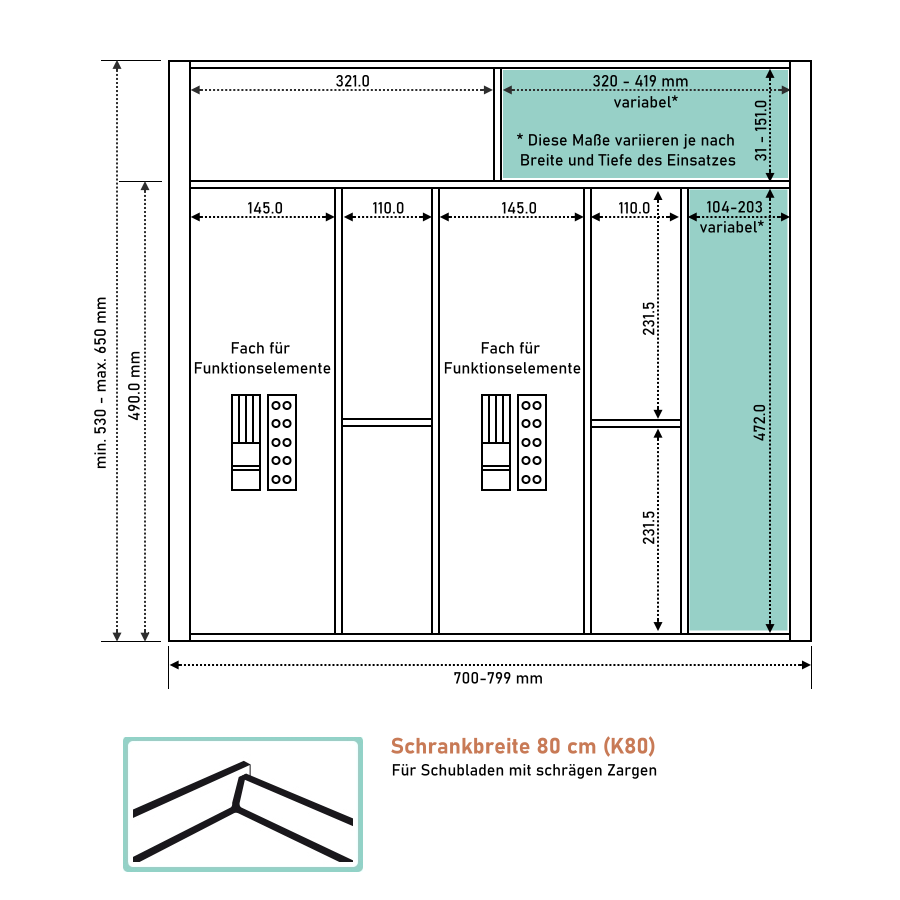Passgenauer Besteckeinsatz aus Holz für Schrankbreite 80 cm (K80) mit extra tiefen / langen Schubladen