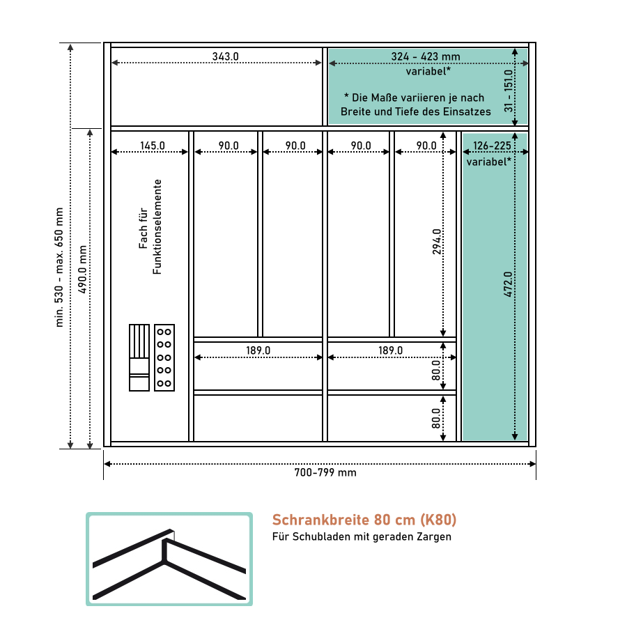 Passgenauer Besteckeinsatz aus Holz für Schrankbreite 80 cm (K80) mit extra tiefen / langen Schubladen