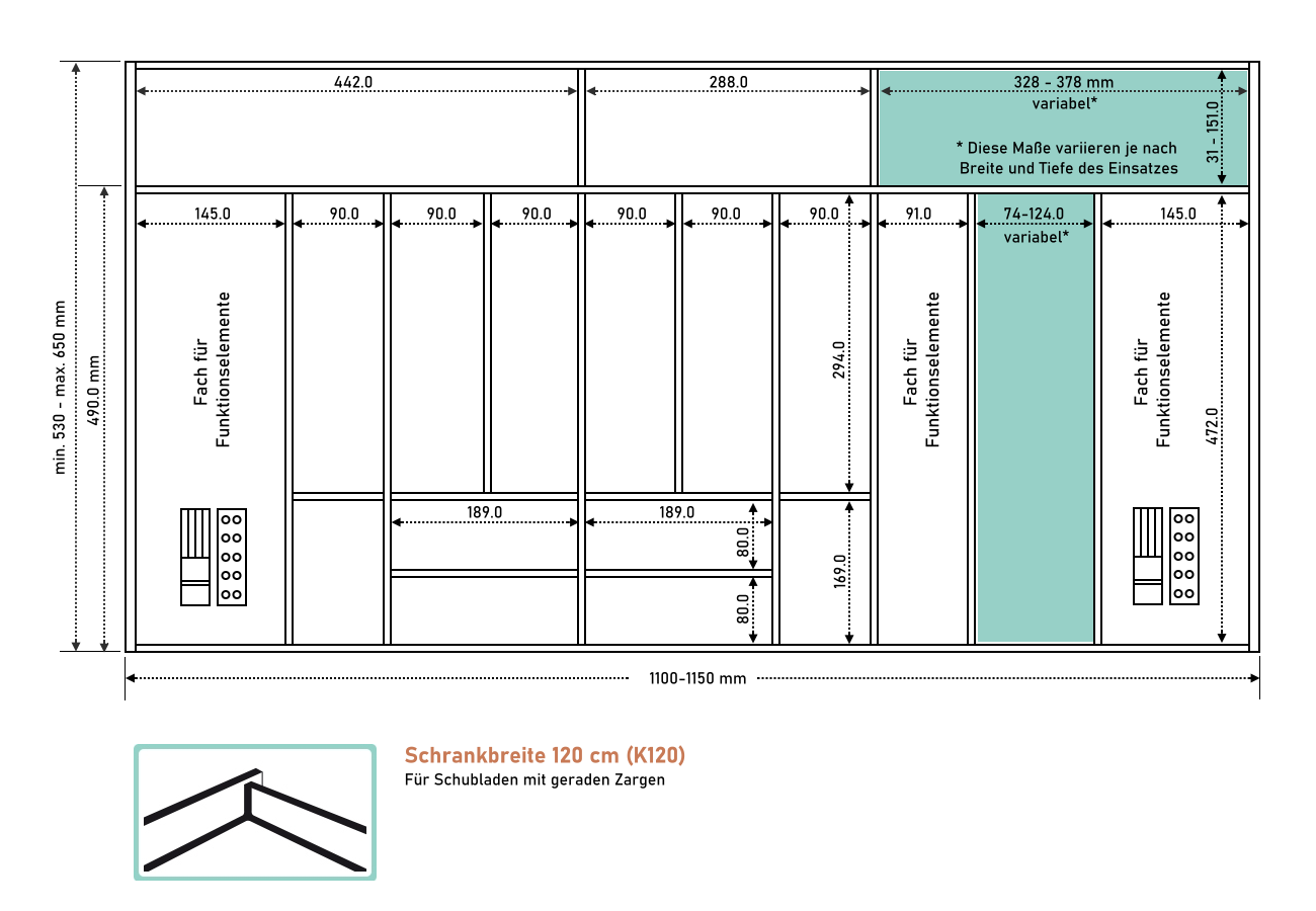 Passgenauer Besteckeinsatz aus Holz für Schrankbreite 120 cm (K120) mit extra tiefen / langen Schubladen